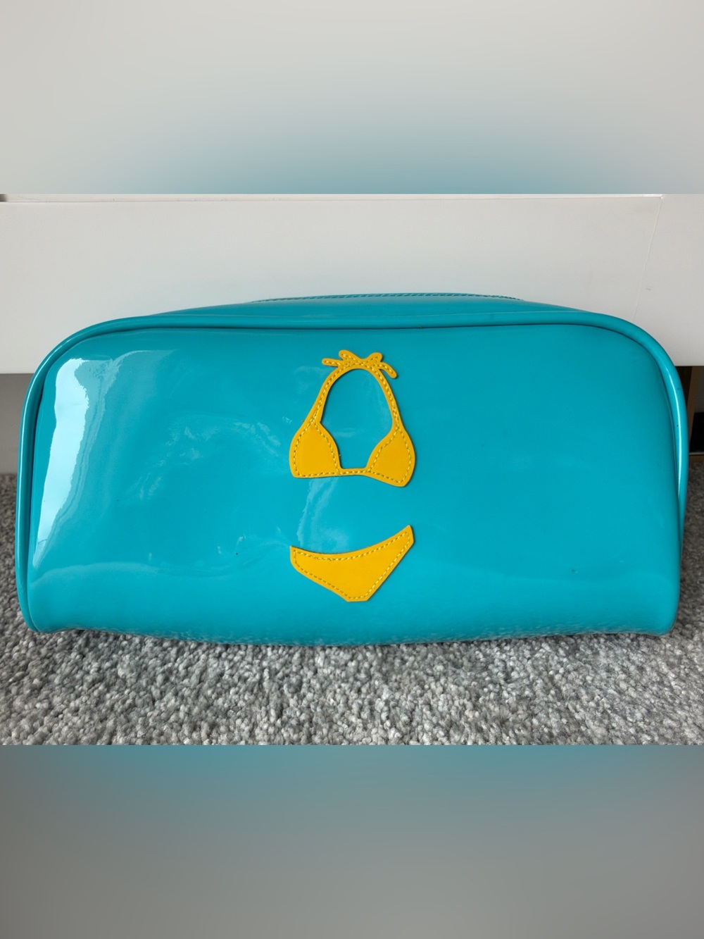LOLO Turquoise Patent Makeup Cosmetic Toiletry Beach Bag Yellow Bikini